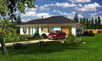 L-shaped house with a garage and separate living space and bedrooms.